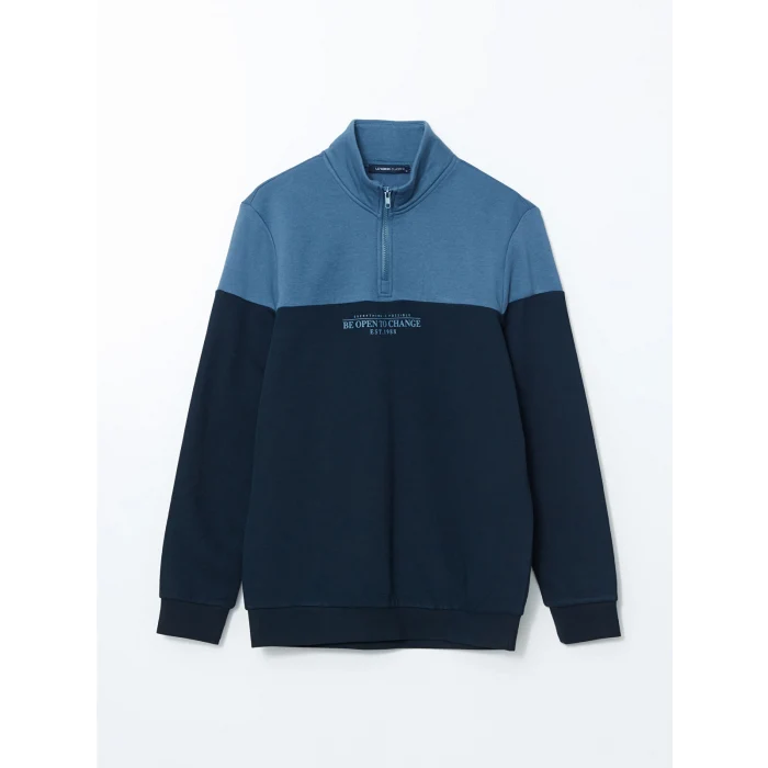 LCWAIKIKI Classic Lacivert Dik Yaka Uzun Kollu Renk Bloklu Erkek Sweatshirt