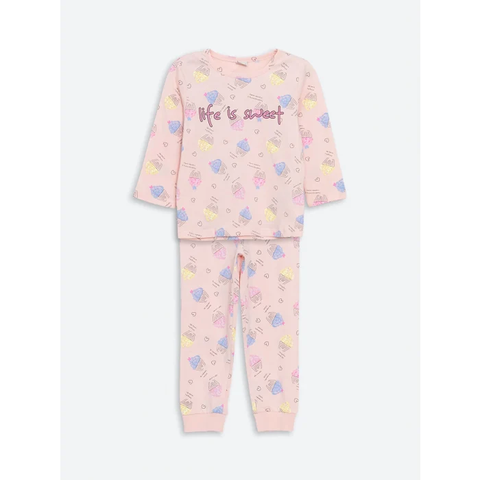 LCW Kids Pembe Bisiklet Yaka Baskılı Kız Çocuk Pijama Takımı