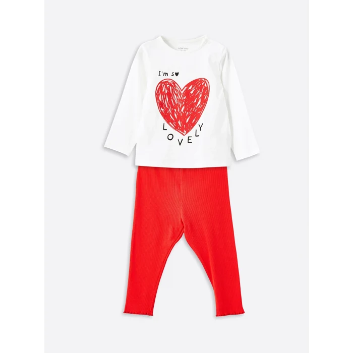LCW baby Ekru Bisiklet Yaka Kız Bebek Pijama Takımı