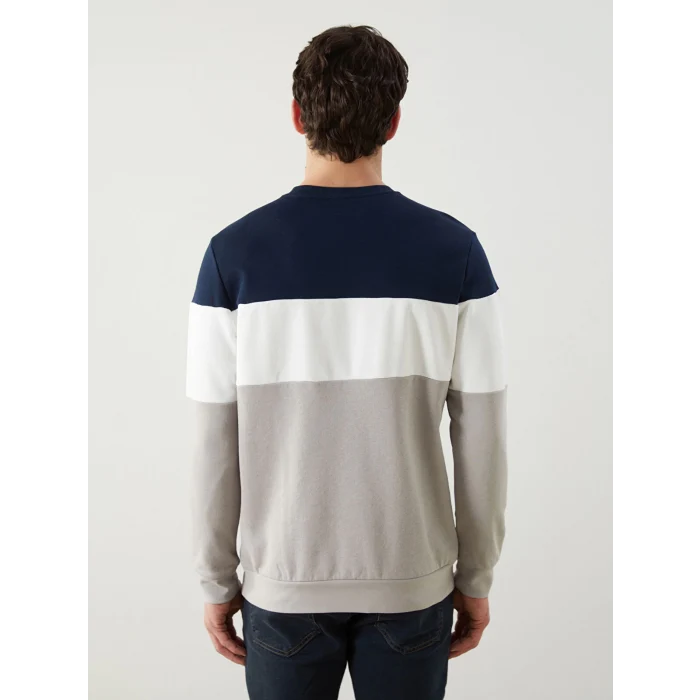 LCWAIKIKI Classic Bej Bisiklet Yaka Uzun Kollu Renk Bloklu Erkek Sweatshirt