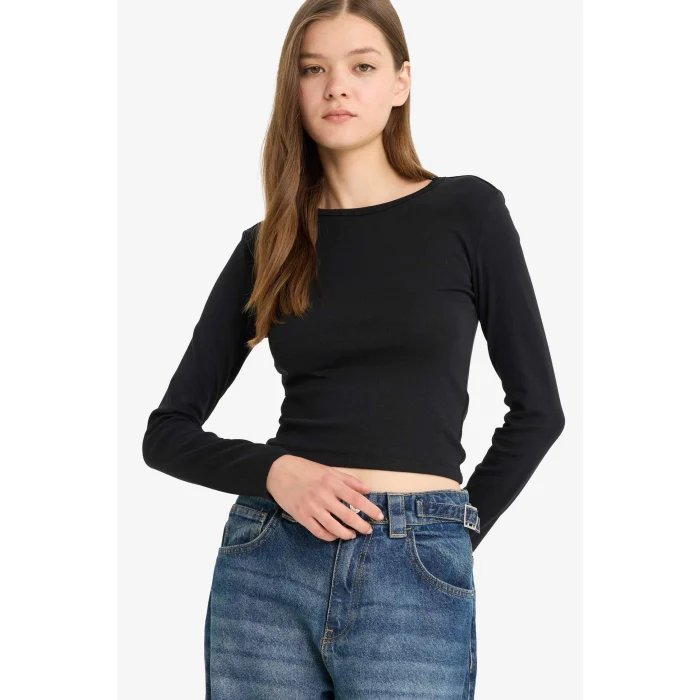 Defacto E7797 Siyah Coool Fitted Basic Düz Ribana Uzun Kollu Tişört