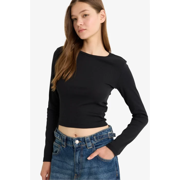 Defacto E7797 Siyah Coool Fitted Basic Düz Ribana Uzun Kollu Tişört