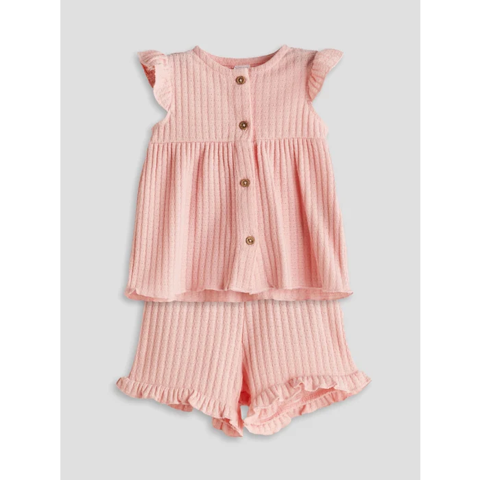 LCW baby Pembe Bisiklet Yaka Dokulu Kız Bebek Bluz ve Şort 2li