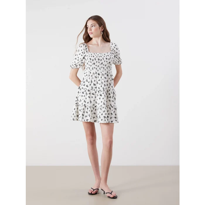 XSIDE Beyaz Kare Yaka Balon Kollu Katkat Mini Elbise