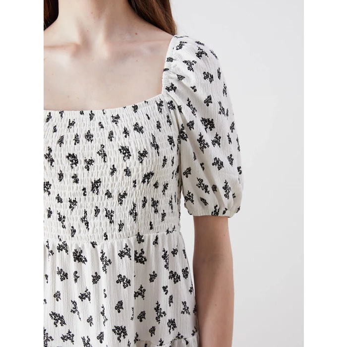 XSIDE Beyaz Kare Yaka Balon Kollu Katkat Mini Elbise