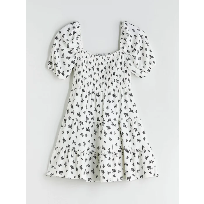 XSIDE Beyaz Kare Yaka Balon Kollu Katkat Mini Elbise