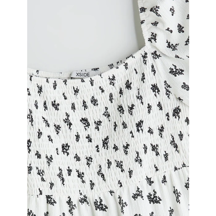 XSIDE Beyaz Kare Yaka Balon Kollu Katkat Mini Elbise