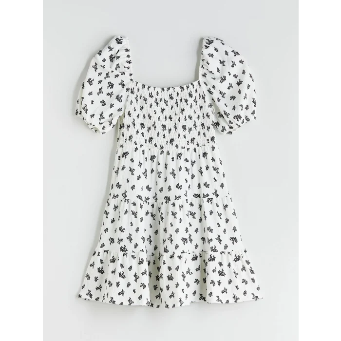 XSIDE Beyaz Kare Yaka Balon Kollu Katkat Mini Elbise