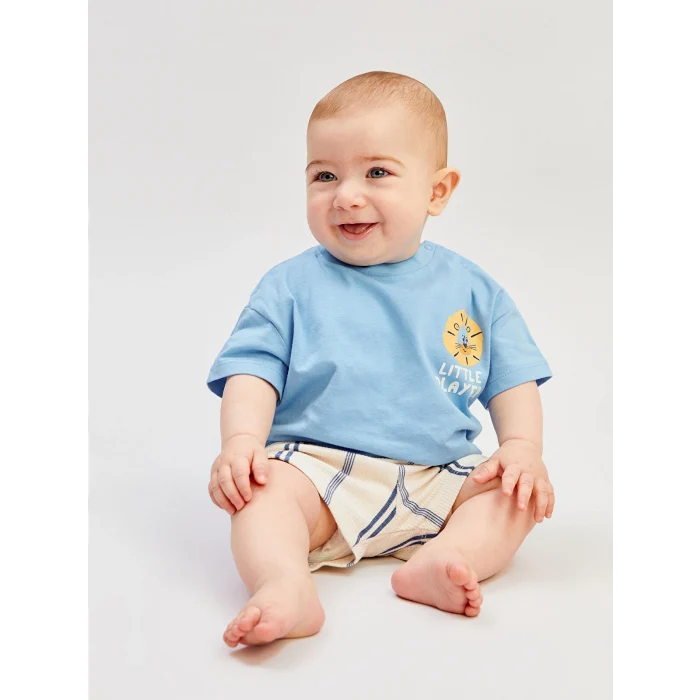 LCW baby Mavi Baskılı Erkek Bebek Tişört ve Şort 2li