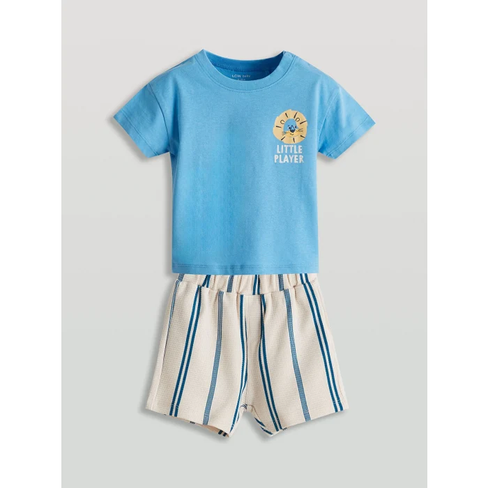 LCW baby Mavi Baskılı Erkek Bebek Tişört ve Şort 2li