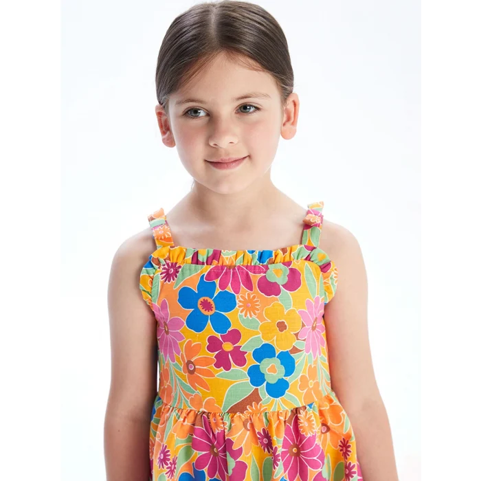 LCW Kids Karişik Çiçekli Fırfırlı Kız Çocuk Keten Elbise