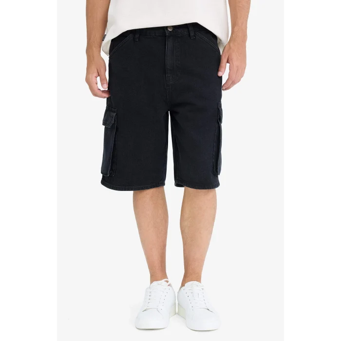 Defacto E1380 Siyah %100 Pamuk Kargo Fit Jean Bermuda Şort
