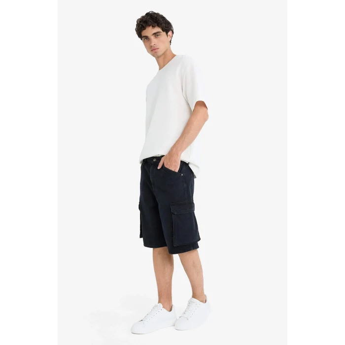 Defacto E1380 Siyah %100 Pamuk Kargo Fit Jean Bermuda Şort