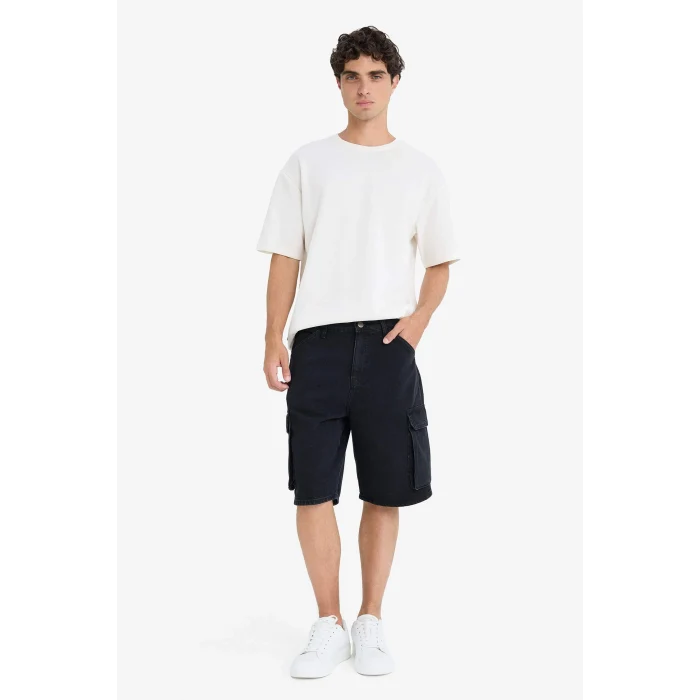 Defacto E1380 Siyah %100 Pamuk Kargo Fit Jean Bermuda Şort