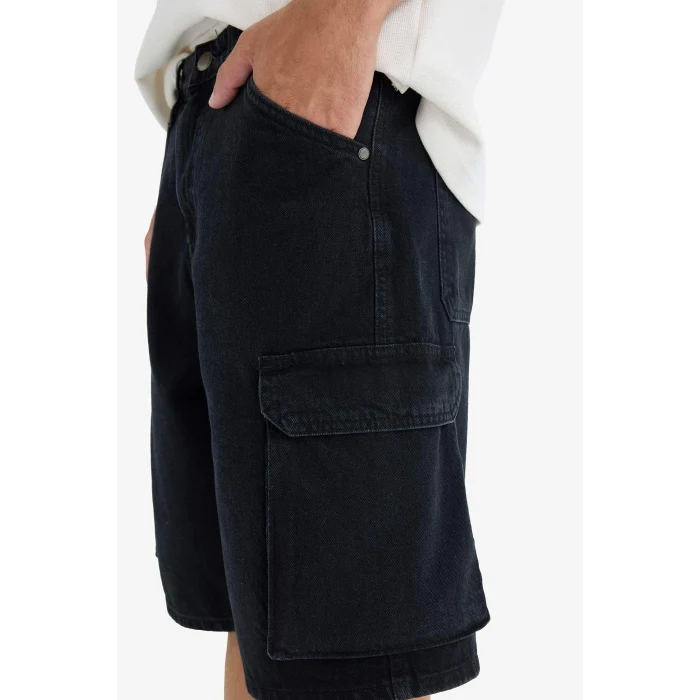 Defacto E1380 Siyah %100 Pamuk Kargo Fit Jean Bermuda Şort