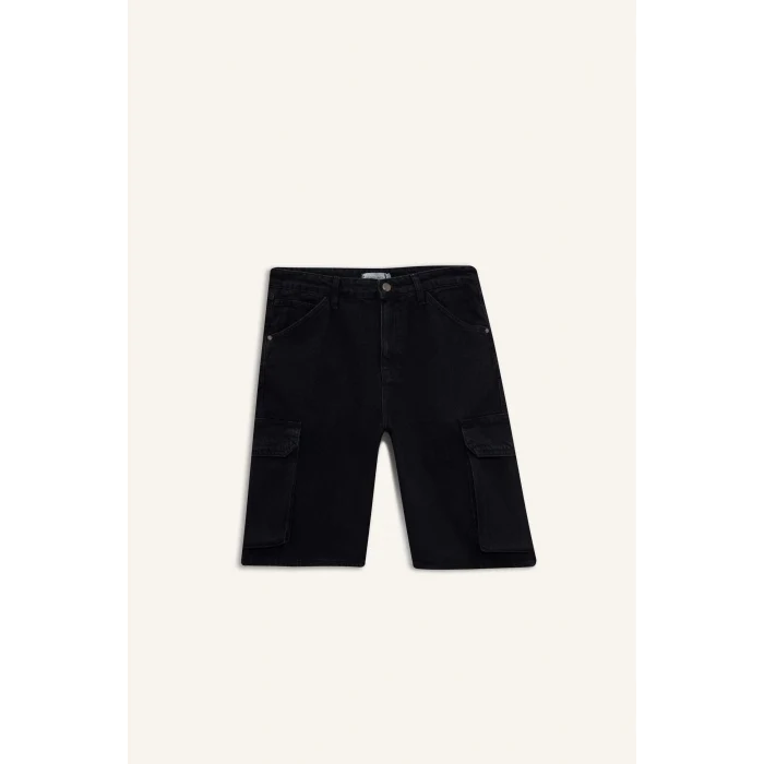 Defacto E1380 Siyah %100 Pamuk Kargo Fit Jean Bermuda Şort
