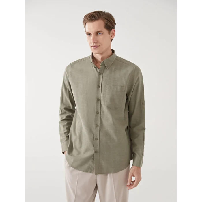 LCWAIKIKI Classic Yeşil Regular Fit Uzun Kollu Keten Karışımlı Erkek Gömlek