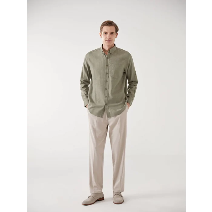 LCWAIKIKI Classic Yeşil Regular Fit Uzun Kollu Keten Karışımlı Erkek Gömlek