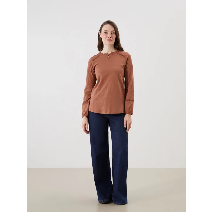 LCW Grace Kahverengi Fırfırlı Bisiklet Yaka Dantel Detaylı Bluz