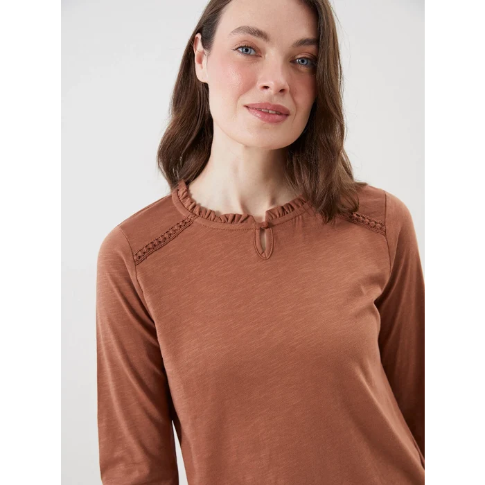 LCW Grace Kahverengi Fırfırlı Bisiklet Yaka Dantel Detaylı Bluz