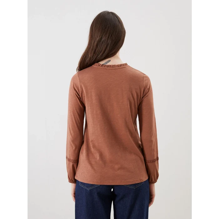 LCW Grace Kahverengi Fırfırlı Bisiklet Yaka Dantel Detaylı Bluz