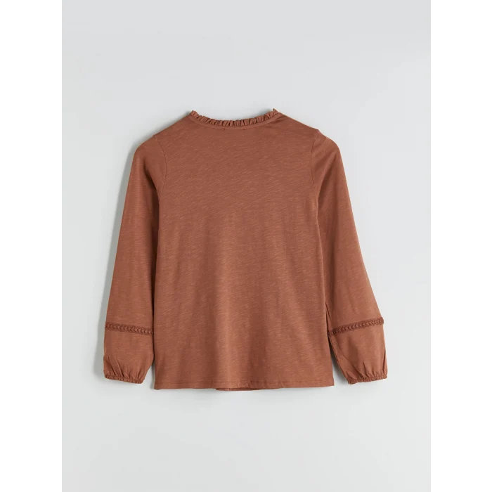 LCW Grace Kahverengi Fırfırlı Bisiklet Yaka Dantel Detaylı Bluz