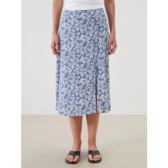 LCWAIKIKI Classic Lacivert Beli Lastikli Çiçekli Yırtmaçlı Etek