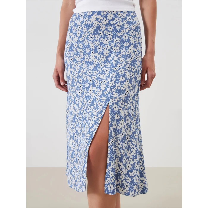 LCWAIKIKI Classic Lacivert Beli Lastikli Çiçekli Yırtmaçlı Etek