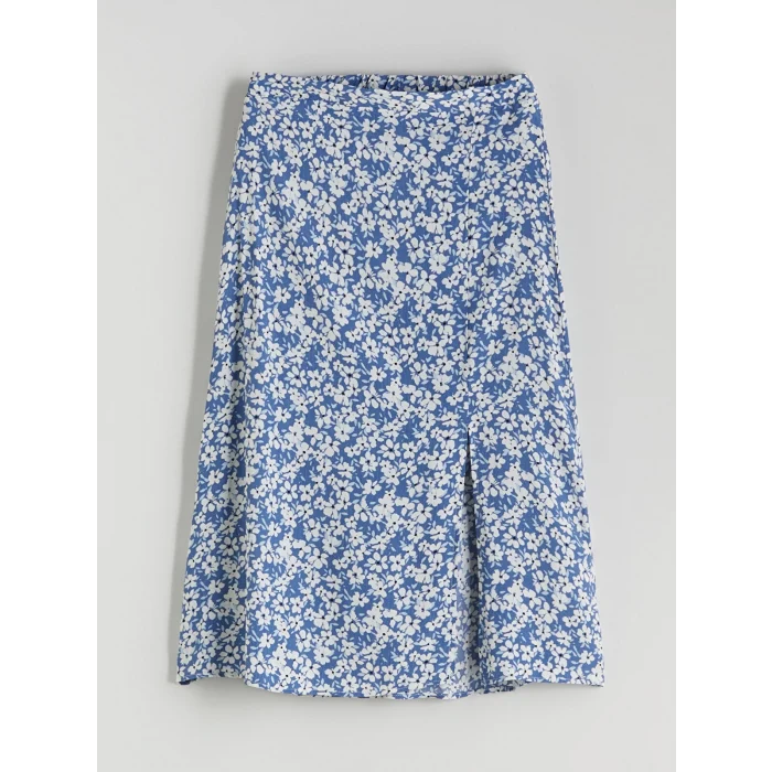 LCWAIKIKI Classic Lacivert Beli Lastikli Çiçekli Yırtmaçlı Etek