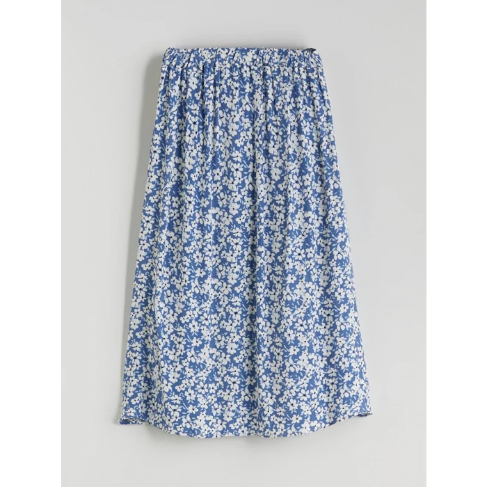 LCWAIKIKI Classic Lacivert Beli Lastikli Çiçekli Yırtmaçlı Etek