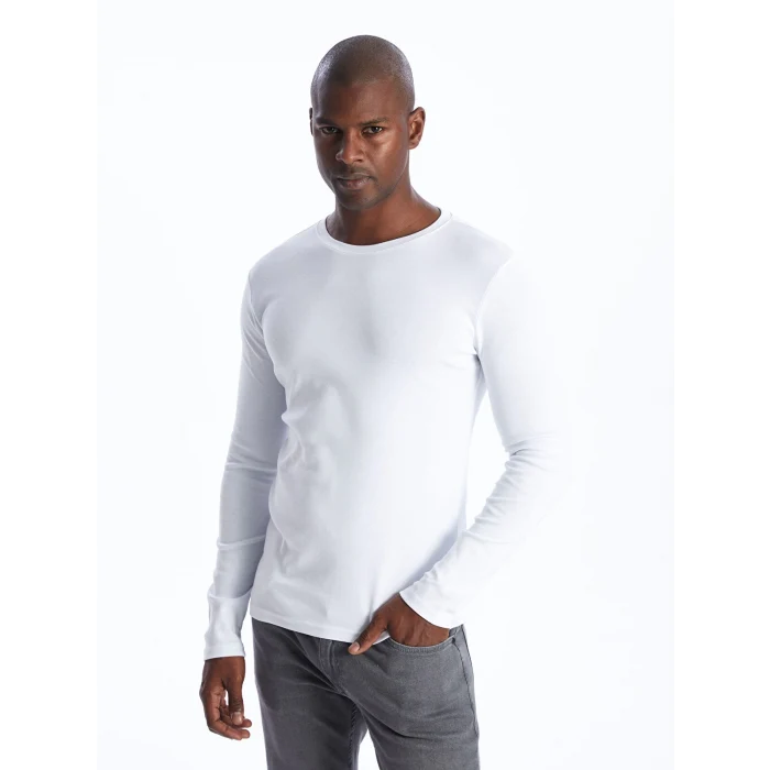 LCWAIKIKI Basic Beyaz Bisiklet Yaka Uzun Kollu Erkek Tişört