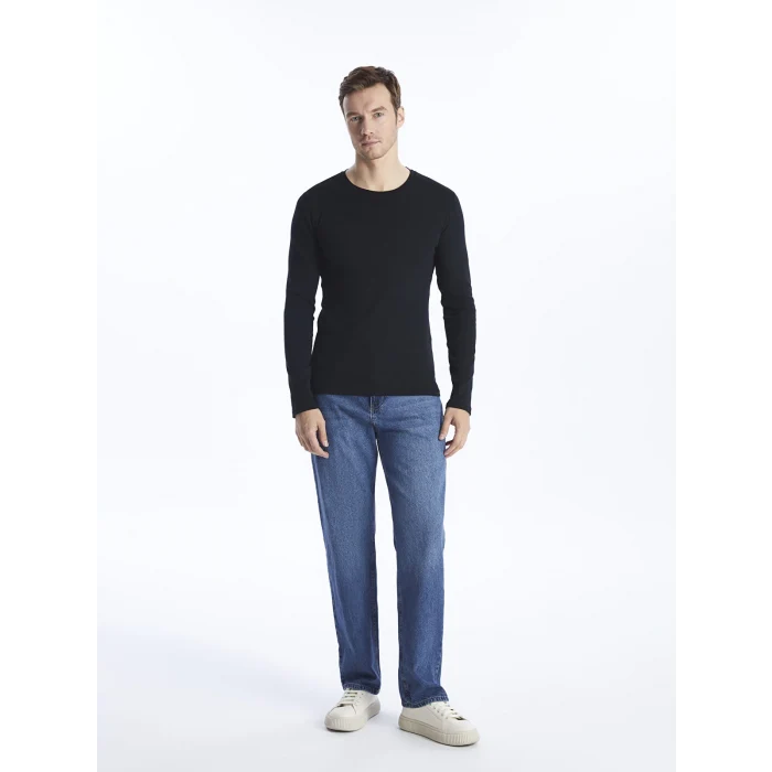 LCWAIKIKI Basic Siyah Bisiklet Yaka Uzun Kollu Erkek Tişört