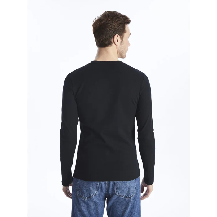 LCWAIKIKI Basic Siyah Bisiklet Yaka Uzun Kollu Erkek Tişört
