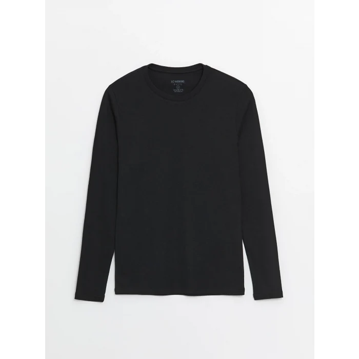 LCWAIKIKI Basic Siyah Bisiklet Yaka Uzun Kollu Erkek Tişört
