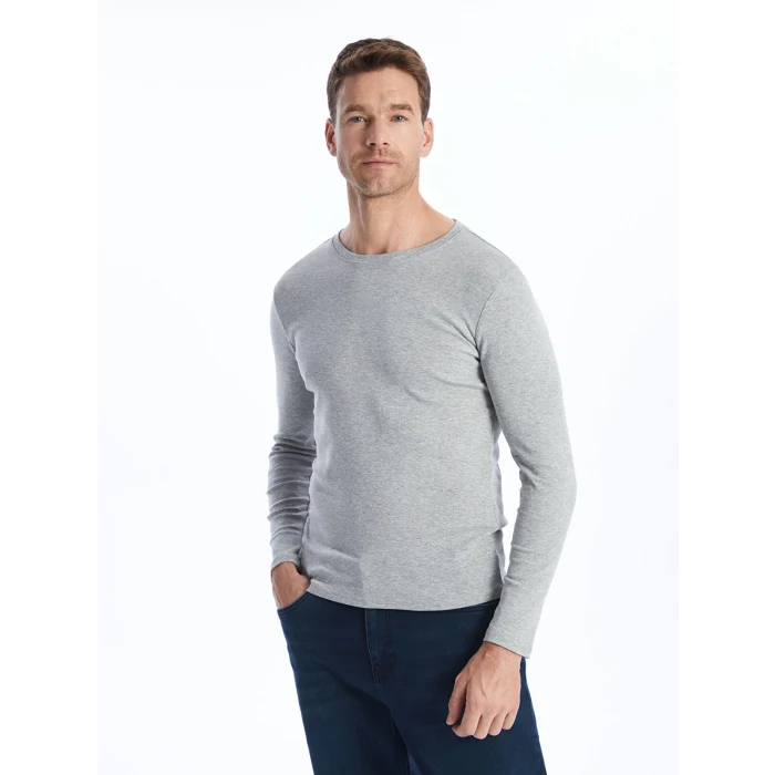 LCWAIKIKI Basic Gri Bisiklet Yaka Uzun Kollu Erkek Tişört