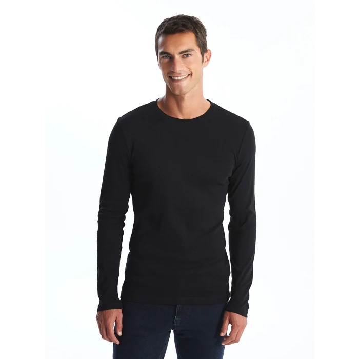 LCWAIKIKI Classic Siyah Bisiklet Yaka Uzun Kollu Penye Erkek Tişört