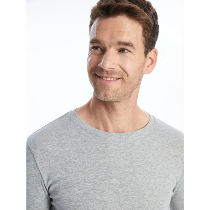 LCWAIKIKI Basic Gri Bisiklet Yaka Uzun Kollu Erkek Tişört