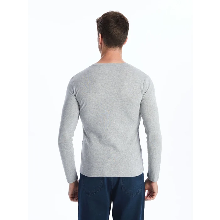LCWAIKIKI Basic Gri Bisiklet Yaka Uzun Kollu Erkek Tişört