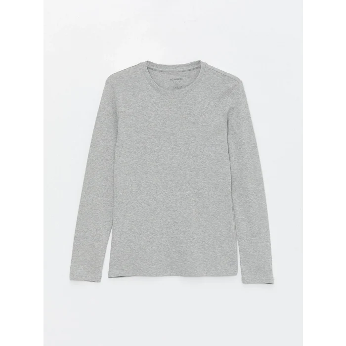 LCWAIKIKI Basic Gri Bisiklet Yaka Uzun Kollu Erkek Tişört