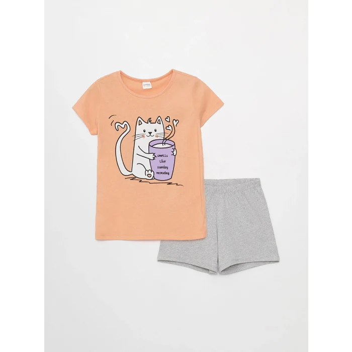 LCW Kids Pembe Bisiklet Yaka Baskılı Kısa Kollu Kız Çocuk Şortlu Pijama Takımı