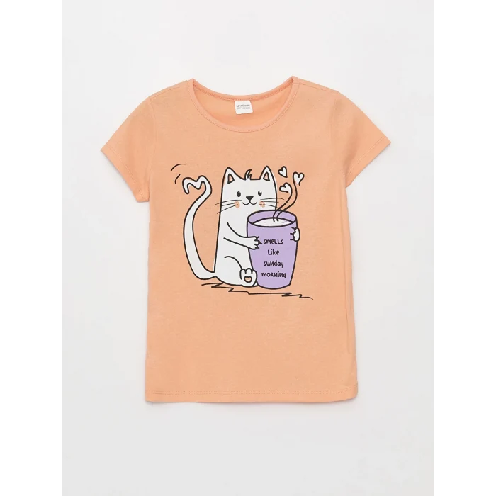 LCW Kids Pembe Bisiklet Yaka Baskılı Kısa Kollu Kız Çocuk Şortlu Pijama Takımı