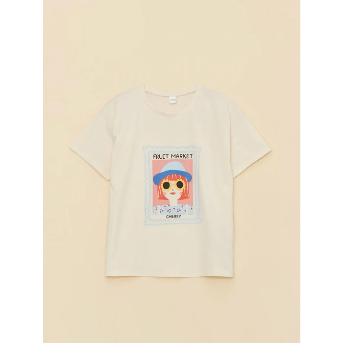 LCW Kids Ekru Bisiklet Yaka Baskılı Kısa Kollu Kız Çocuk Şortlu Pijama Takımı