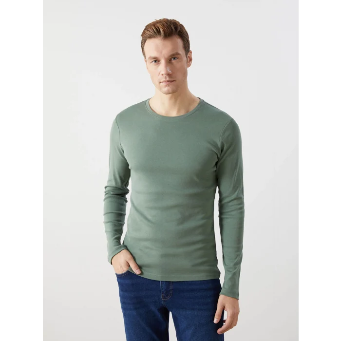 LCWAIKIKI Classic Yeşil Bisiklet Yaka Uzun Kollu Penye Erkek Tişört