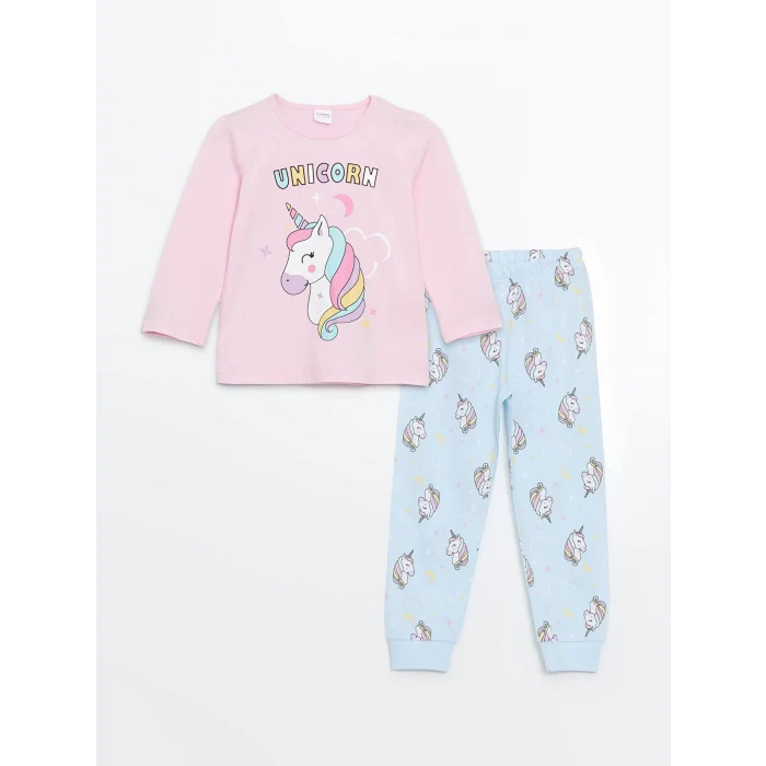 LCW Kids Pembe Bisiklet Yaka Baskılı Kız Çocuk Pijama Takımı