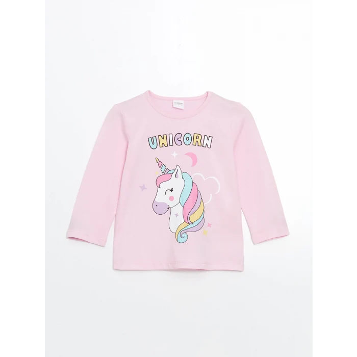 LCW Kids Pembe Bisiklet Yaka Baskılı Kız Çocuk Pijama Takımı