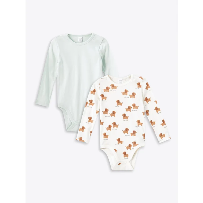 LCW baby Yeşil Bisiklet Yaka Baskılı Erkek Bebek Çıtçıtlı Bodysuit 2li