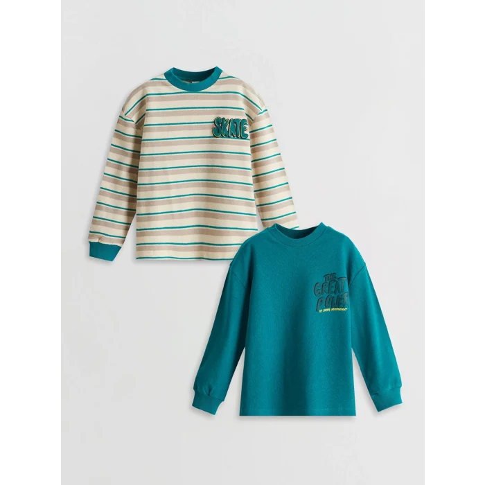 LCW Kids Bej Bisiklet Yaka Baskılı Erkek Çocuk Tişört 2li