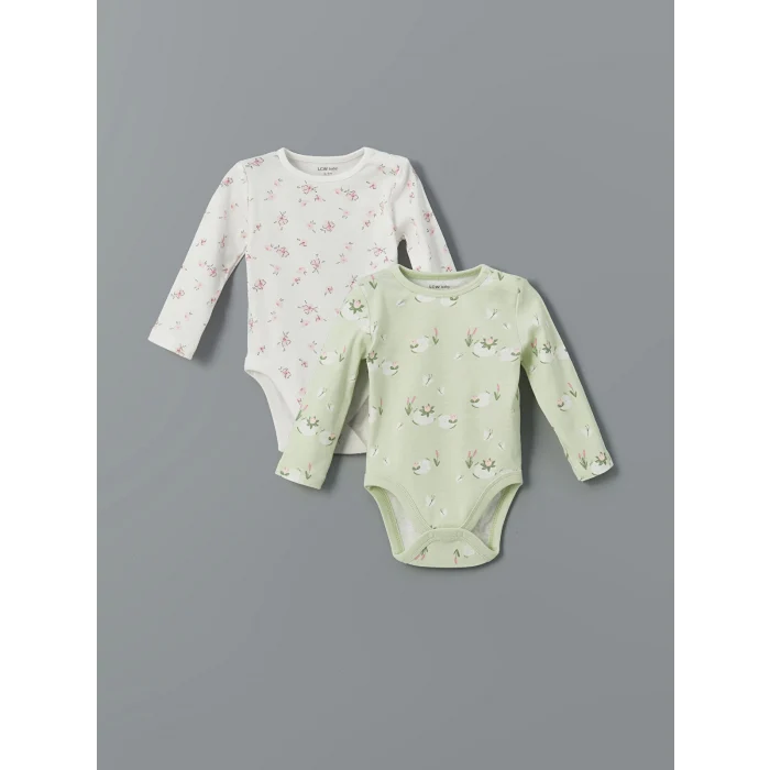 LCW baby Ekru Baskılı Kız Bebek Çıtçıtlı Bodysuit 2li