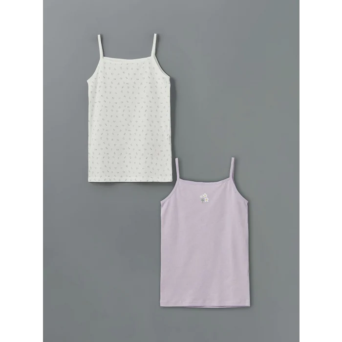 LCW Kids Ekru Kare Yaka Çiçekli Kız Çocuk Atlet 2li