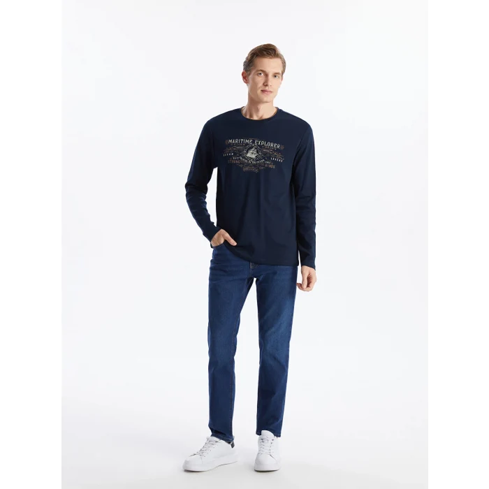 LCWAIKIKI Classic Lacivert Bisiklet Yaka Uzun Kollu Baskılı Erkek Sweatshirt